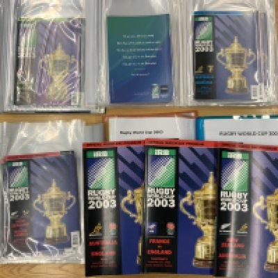 2003 Rugby World Cup Complete Programme Collection: All 48 programmes which represents a programme for every match. The semi finals and final in which England famously beat Australia are large programmes the other 45 are smaller and kept neatly in collectors folders. Incredibly this comprehensive collection has instructions to sell. Excellent. (48)