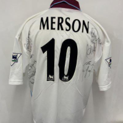 1999 - 2000 Aston Villa Match Worn Away Signed Football Shirt: White short sleeve Reebok LDV Vans sponsored shirt. Number 10 Merson to rear. Signed by Merson and a further 8 team mates including Joachim Southgate and Calderwood.