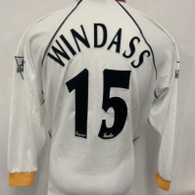 Bradford City 1999 - 2001 Windass Match Worn Football Shirt: Long sleeve white Asics JCT600 sponsored shirt. Number 15 Windass to rear. Swapped with Aston Villas Paul Merson.