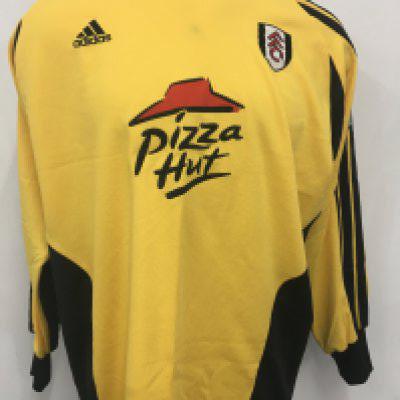 Fulham 2001 - 2002 Goalkeepers Match Worn Football Shirt: Yellow long sleeve Adidas Pizza Hut sponsored. Rear reads Van Der Sar number 1. Worn v Aston Villa on 21 2 2002 and swapped with Paul Merson.