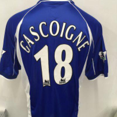 Everton 2000 - 2001 Gascoigne Match Worn Football Shirt: Blue short sleeve Puma One2One sponsored shirt. Gascoigne number 18 to rear. Worn on 5 11 2000 and swapped with Aston Villa player Paul Merson.