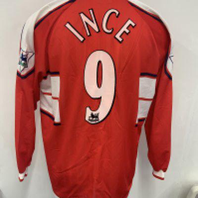 Middlesbrough 2000 - 2001 Ince Match Worn Football Shirt: Long sleeve home Errea BT BT Cellnet red shirt. Number 9 Ince to rear. Obtained by Paul Merson of Aston Villa.