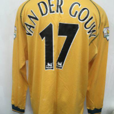 Manchester United 2000 - 2001 Goalkeepers Match Worn Football Shirt: Yellow long sleeve goalkeepers shirt with Champions gold Premier League sleeve badging. Obtained by Paul Merson.
