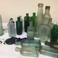 A Collection of antique bottles including green glass poison bottles also other bottles Cricks Acid Balsam Maldon, A&F Pears London The Duncannon Charing Cross and many others. NO RESERVE,.