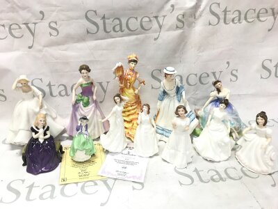 A collection of royal Doulton porcelain lady figures including Giselle HN2139, Le Bal HN3702, Summertime HN3137