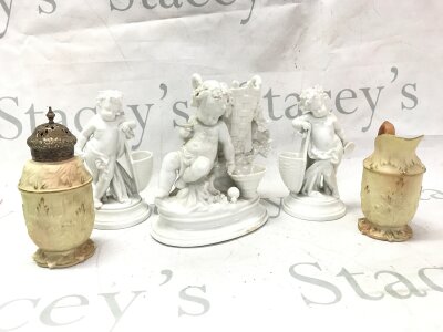 Two Worcester Blush ivory pieces and three white porcelain Putti figures- NO RESERVE