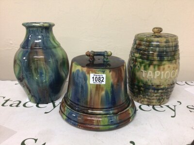 A Scottish Slipware Multi coloured glazed storage jar cheese dish (damage to edge) and a vase possibly Morrison & Crawford (3)- NO RESERVE