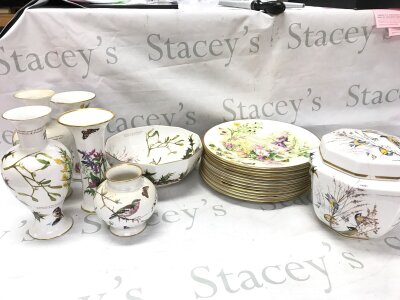 A Collection of Caverswall British garden theme plates , vases, bowl and a jar and cover by Edith Holden- NO RESERVE