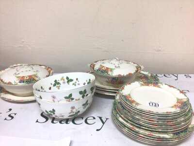 Two Wedgwood porcelain bowls Strawberry pattern. An Art Deco design Alfred Meakin Upminster pattern dinner service.- NO RESERVE