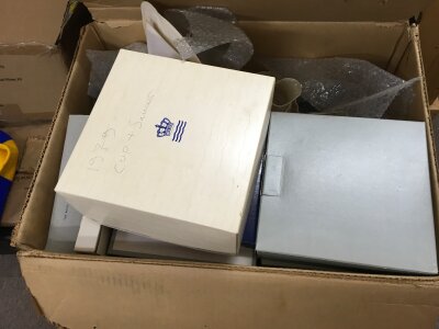 A box containing Copenhagen Christmas plates and other commemorative plates, Belleek- NO RESERVE