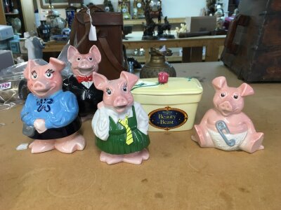 Natwest pigs and a beauty and the beast ceramic butter container. No reserve