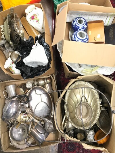 Four boxes of items including silver plate, royal Albert old country rose, Chinese blue and white, royal Worcester figure etc, no reserve