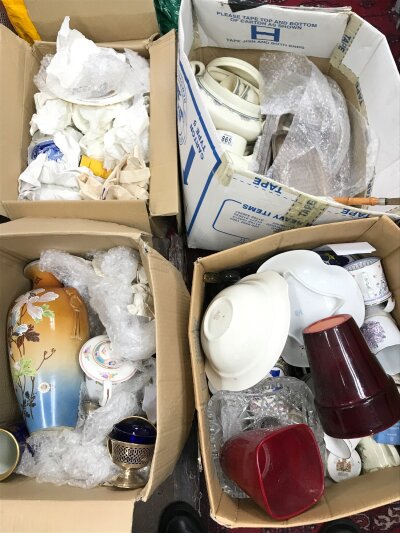 Four boxes of ceramics, cauldron, royal Worcester etc, silver hallmarked items, noritake, art glass duck figure. No reserve