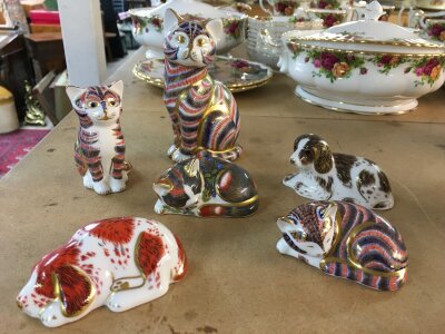 Sux Royal Crown Derby paperweights in the form of Cat and Dog figures, all with stoppers. Three from Thr Royal Crown Derby Collectors Guild