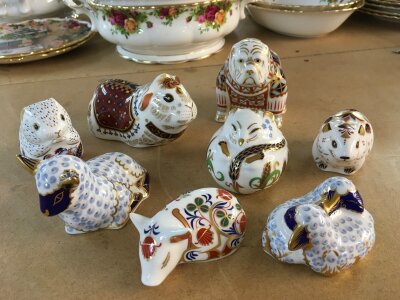 Eight Royal Crown Derby paperweights in the form of animals including Bull Dog, Hamster, Piglet, lamb, dormouse etc. All with stoppers