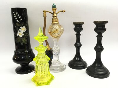 Glass scent bottles, ebony candle sticks with silver hallmarked tops, black glass vase. 14 to 20cm tall