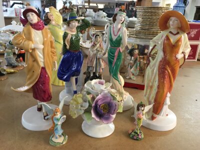 Four Royal Doulton lady figures in Art Deco style dress, together with other lady figures and two miniature Royal Doulton Fairies figures
