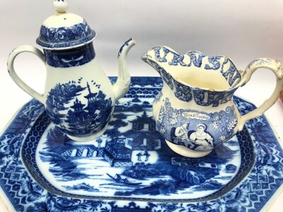 A Worcester type 18th century coffee pot and two other blue and white ceramic items