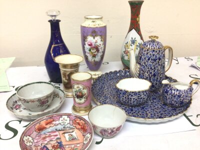 A Collection of 18th Century and 19th century ceramics including Chinese export porcelain tea bowls and dishes Copland Spode part Bachelor set hand painted Coalport vase 19th Century Derby porcelain vases a late 18th century Bristol blue decanter and other ceramics.