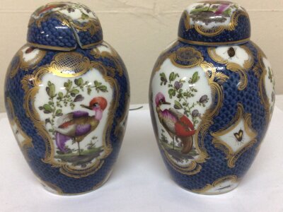 A Pair Of Blue and white porcelain jars and covers decorated with exotic birds on a white ground with scale blue under glazed decoration with further small insects. underglazes blue cross hatch marks to the base damage lid. Possibly early Worcester porcelain 18th century. Height 14cm