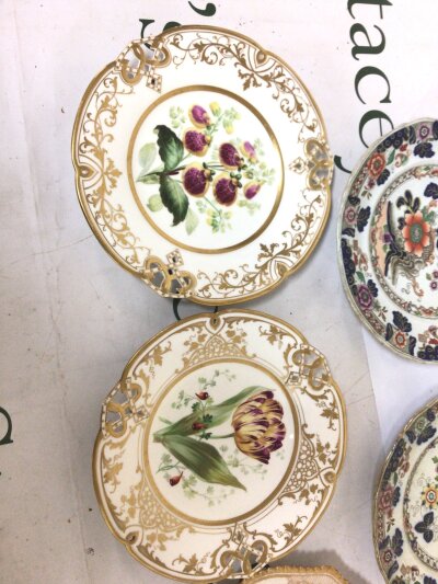 A Pair of quality hand painted porcelain cabinet plates with shaped and gilded edges hand with flowers the reverse with marks two 19th century ironstone plates and one other cabinet plate with a hairline crack. (5)