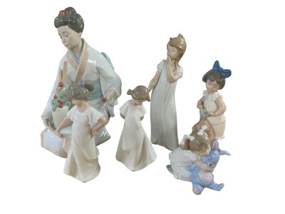 A large NAO kneeling Japanese lady figurine 35cm, together with 5 smaller NAO child figurines.