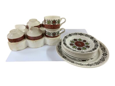 Kathie Winkle 'Romany Broadhurst designed in 1975, featuring Stylised Flowers Hand-Coloured in Peachy Orange/Russet and Green.