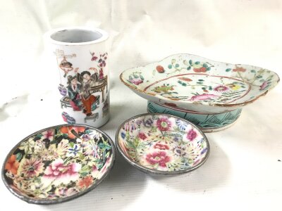 Chinese Famille Rose ceramics including a footed porcelain dish featuring colourful bird and floral motifs, dishes and vase . damage and restoration