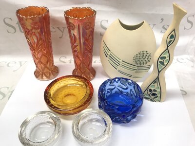 A collective lot including whitefriars carnival glass and studio pottery.