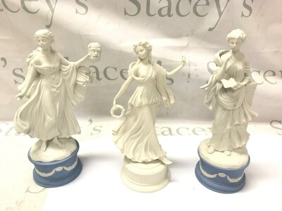 Three wedgewood porcelain figures including Melpomene - The Dancing hours and Calliope. 
All with boxes and no obvious damage or repair noted.