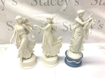 Three wedgewood Porcelain figures including the dancing hours and Exato 
No obvious damage or restoration noted. All come with boxes.