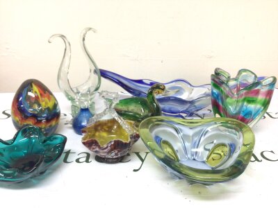 A Collection of Mid 20th century Coloured Murano glass. Shaped dishes and also conforming paperweights