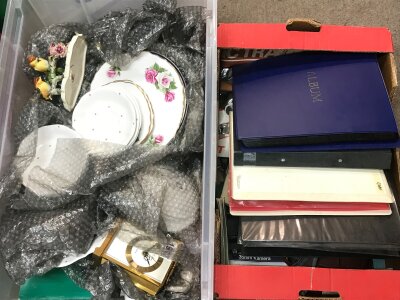 Two boxes of assorted items one containing ceramics such as Fine bone bell China, Royal Adderley birds, royal Worcester plates. The other box containing stamp albums and some toys. No reserve