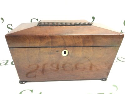 A late George III mahogany tea caddy with glass, dimensions 28cm wide 17cm tall 14cm long- NO RESERVE