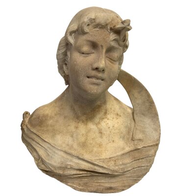 “Night”, An Italian Marble bust of a woman within a Crescent Moon and Star, Engraved D.Ondir to reverse, 39cm.