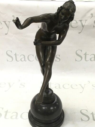 A bronze figure of a dancing nude woman signed Colinet (CL.jr Colinet) after the sculpture by La Jongleuse The Exotic bronze, 47cm tall