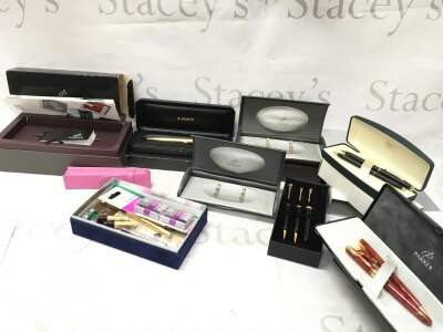 A collection of Parker pens including Sonnet set, cross black set, refills and inks and some boxes without pens- NO RESERVE