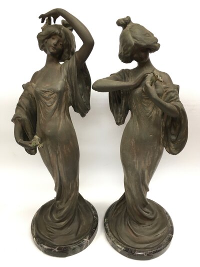 Two Art Nouveau spelter lady figures, Edelweiss Par L. Alliot. 34cm tall.