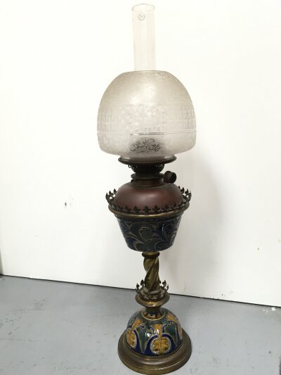A Victorian Lambeth Doulton oil lamp.69cm tall