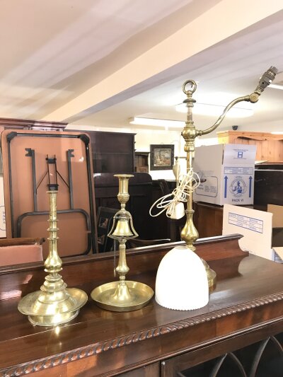 Brass candle sticks brass table lamp. 29 to 59cm tall