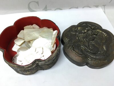 A lot of fifty Chinese mother of pearl gaming counters in a Chinese bronze dragon box size 10cm wide and 5cm high