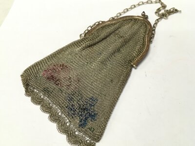 A 1920s Germany silver maker signed ALPACCA mesh purse,16cm high, total length with chain 32cm , 92 grams