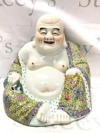 Chinese Famille Rose porcelain Laughing Buddha figure, 26cm tall