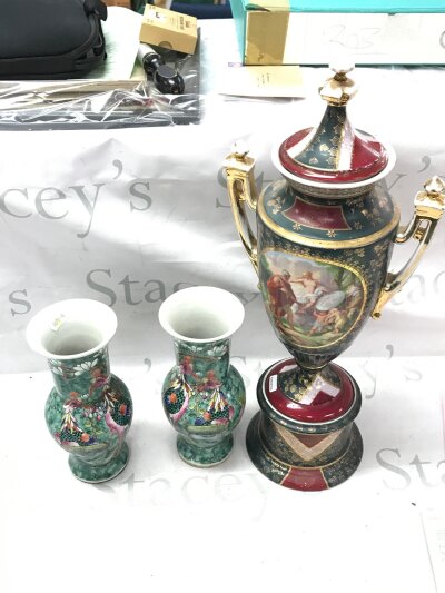 Two Chinese vases and a large Royal Vienna style porcelain urn vase. 23 and 52cm tall