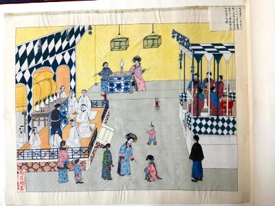 ZHOU PEICHUN (1880 – 1910). An Album of 8 Chinese watercolour paintings on silk, the first depicting a wake before a funeral and the remaining preparations for a wedding,