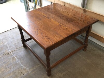 An old charm oak side table . Dimensions 43cm tall, 68cm wide, 68cm long and a oak hall table dimensions 76cm tall 84cm wide 40cm long- NO RESERVE