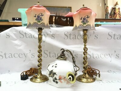 Three 1940s glass shades and two standing lamps. 52cm tall