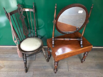 A small spindle back chair, a mahogany toilet mirror and a Victorian baby bath