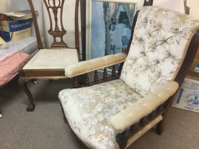 A Victorian style fireside chair and a chippendale style chair . No reserve