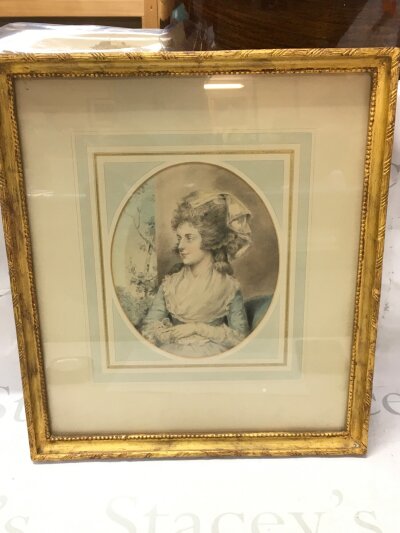 A John Downman (1750-1824) framed pencil sketch, titled Miss Kemble 1783. With Fine Art Society London Bond Street label on back. Frame dimensions 38x44cm